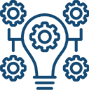 An icon showing a lightbulb with a number of connected cogs