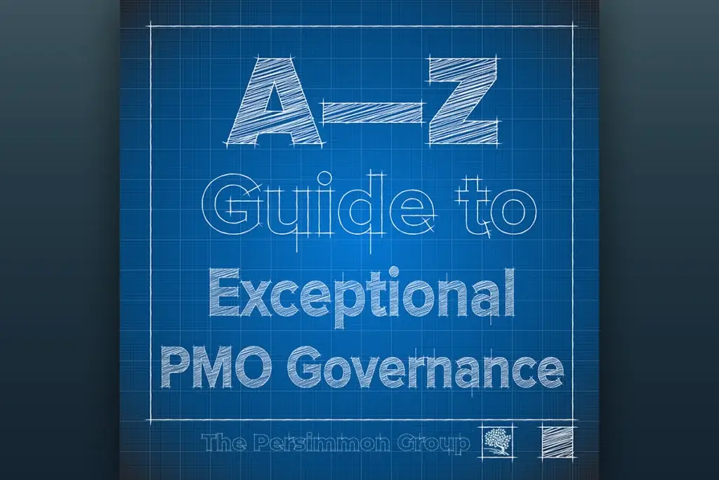 A blueprint cover that says A to Z Guide for Exceptional PMO Governance.