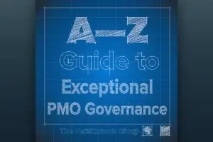 A blueprint cover that says A to Z Guide for Exceptional PMO Governance.