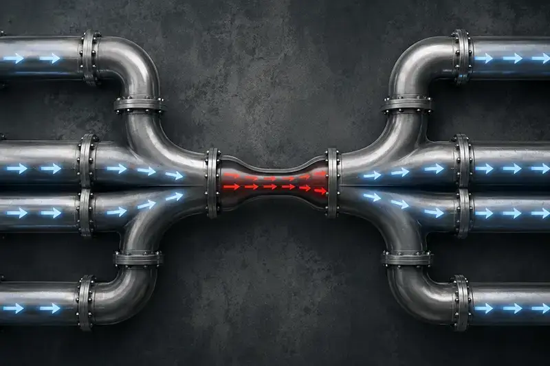 A pipe with a bottle neck showing the visual metaphor that the problem isn't project managers, it's the infrastructure.